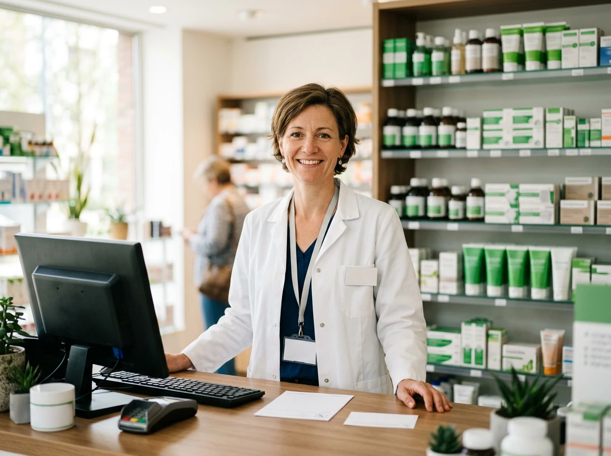 Pharmacien souriant en blouse blanche dans sa pharmacie à Folx-les-Caves